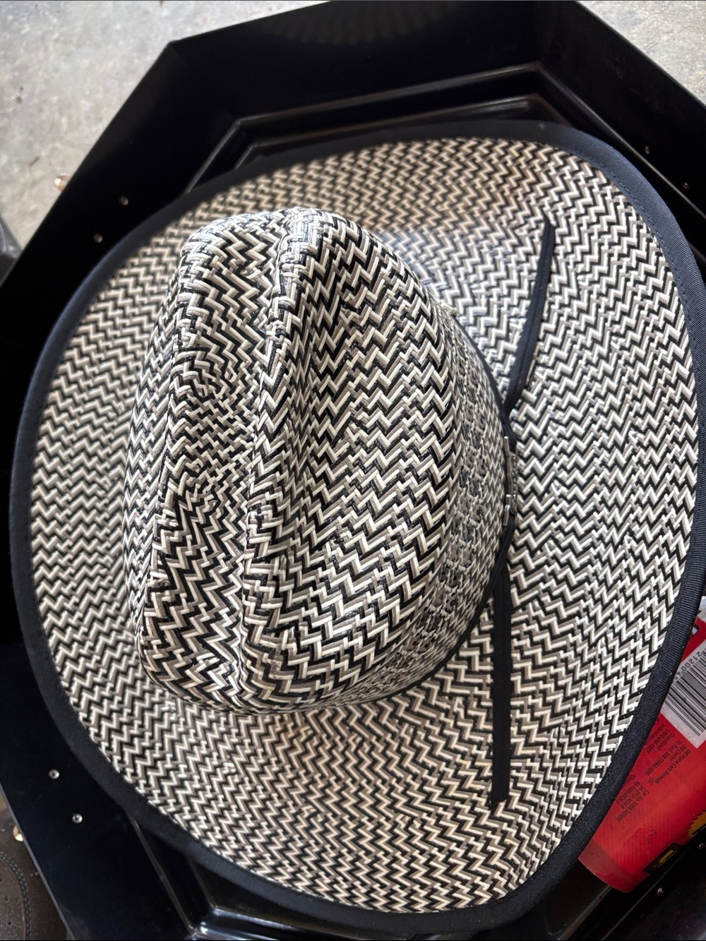 Equestrian riding hats 2 white and black Shupperd’s tack shop w/ hexagonal trunk